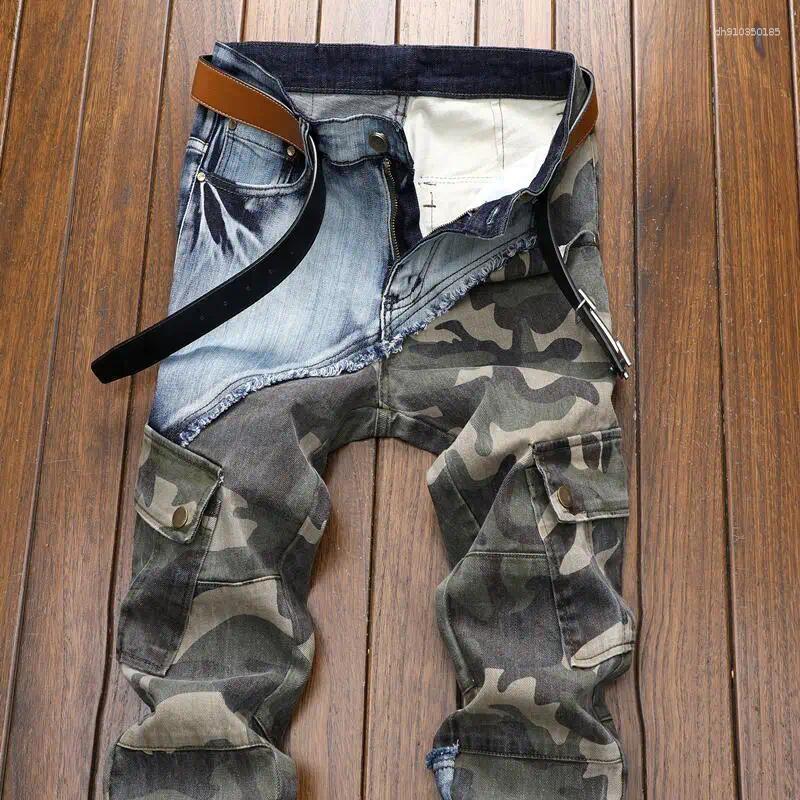 Lanjia- Men's Slim Fit Jeans - Retro Patchwork Design, Elastic Waistband, Camouflage Accent For Casual Wear B79f3