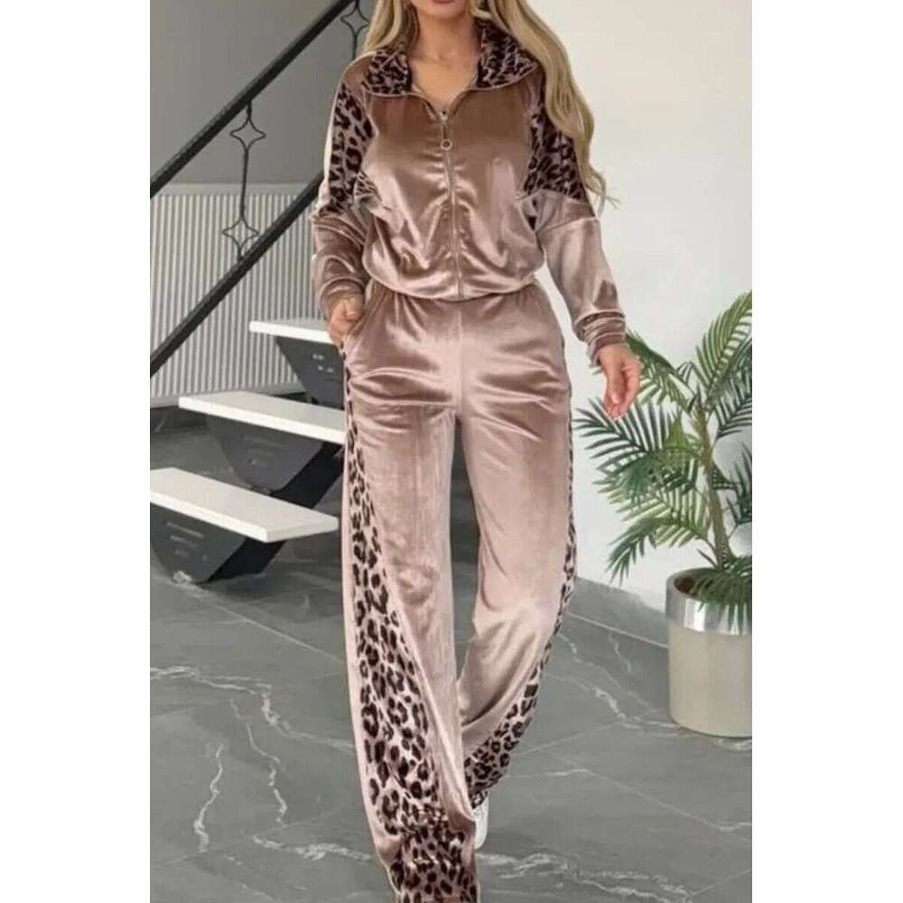 Women's Clothing Leopard Print Contrast Trousers Long Sleeved Home Clothes Suit