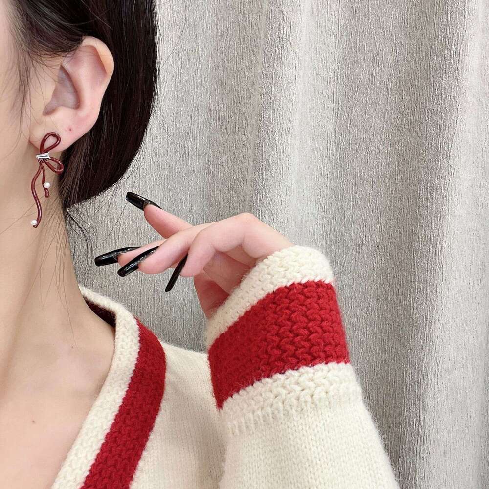 Elegant Ancora Red Bowknot for Women 2024 New High-end Earrings Niche Design Ear Accessories 4c0