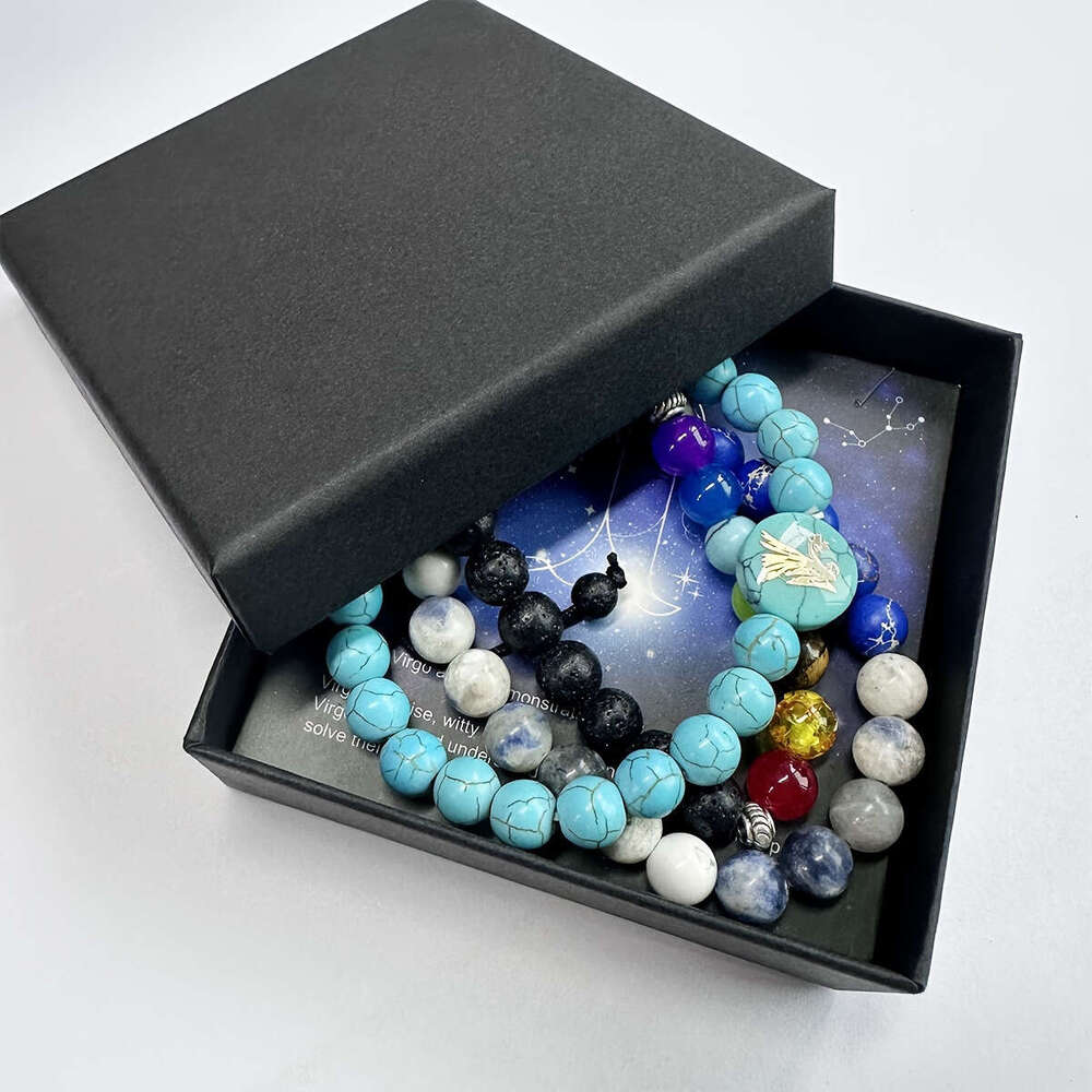 Natural Blue Turquoise Creative 12 Constellation Personality Fashion Round Bead Bracelet Jewelry