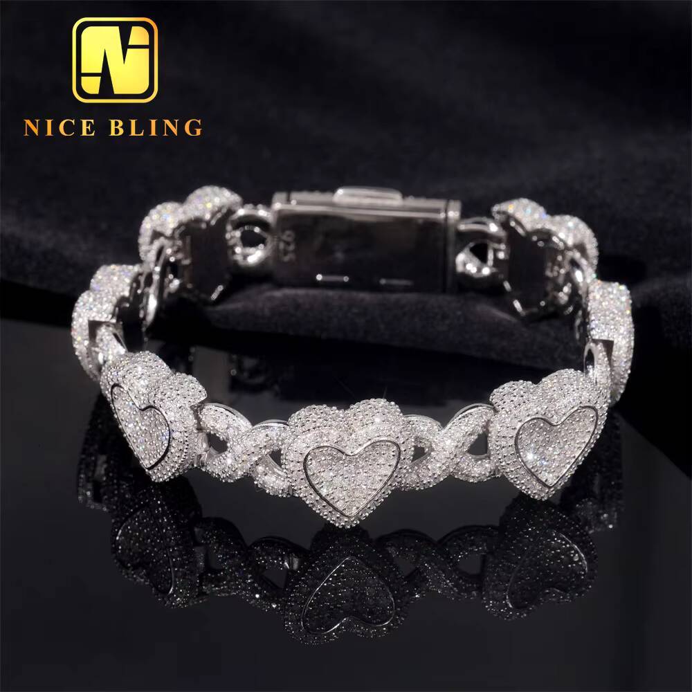 Fashion Men and Women Moissanite Cuban Link Bracelet 925 Silver Iced Out Heart Shape Hiphop Bracelet Best Gift