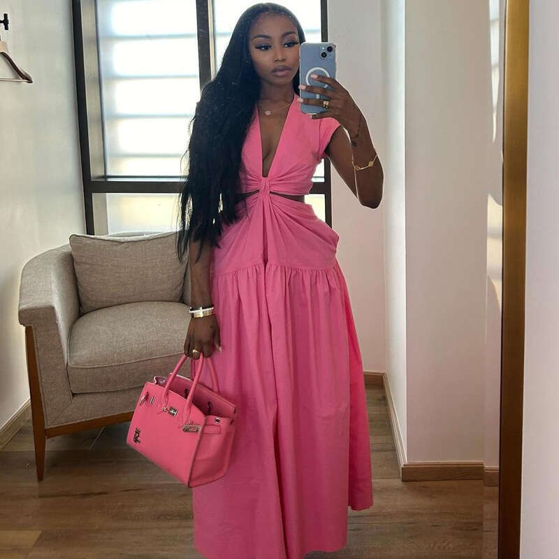 Minimalist Waist-Exposing Summer Women's Solid Color Long Dress B5