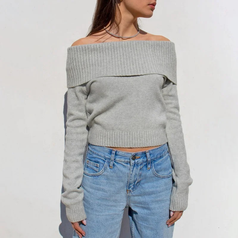 1990s Fairycore Sweater Women Aesthetic Clothes Folding Off Shoulder Long Sleeve Knitted Crop Tops 2000s Clothing Streetwear 250723