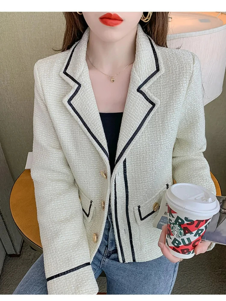 Spring Autumn French y Socialite Temperament BlackAndWhite Lapels and Fragrant Tweed Coat Women Coats 250730