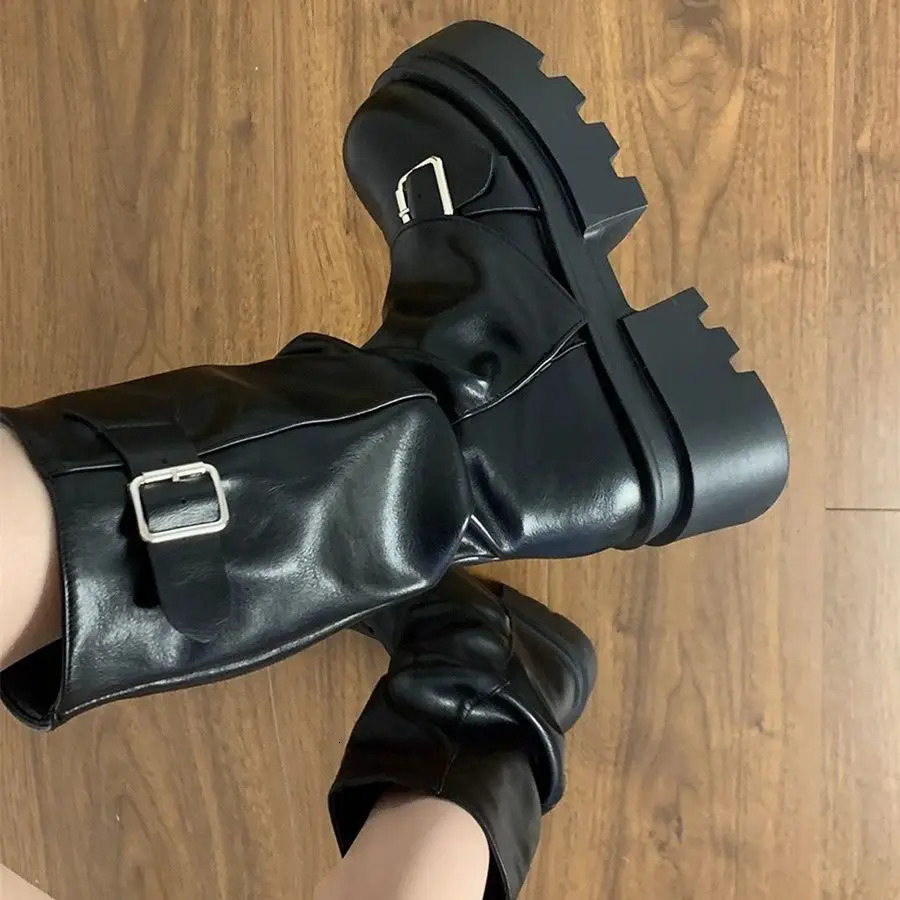 Shoes for Women Mid-Calf Womens Boots Platform Modern Boots Women Belt Buckle Square Toe Side Zip Square Heel Shoes Female 250729