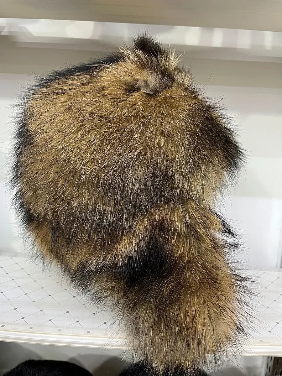 Halloween Outdoor Hat Fur 100% Raccoon Fox Skin Russian Hats Pilot Bombers Full Fur Mens Hat Ushanka Winter Ear Guard Hat 250724