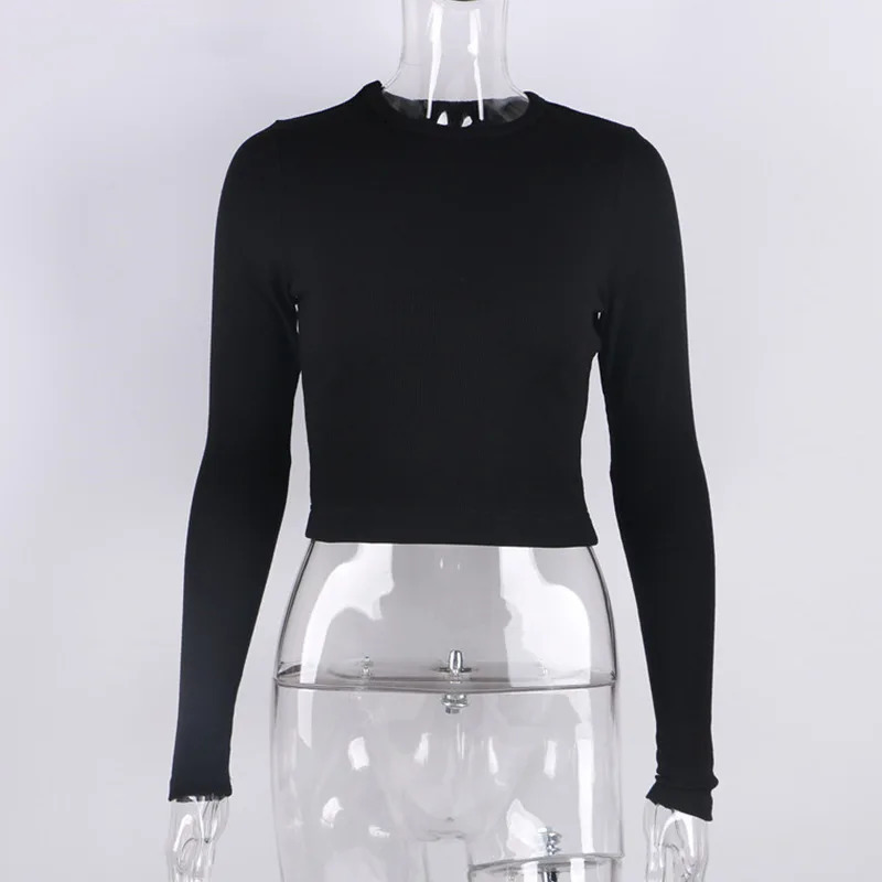 O Neck Long Sleeve Shirt Women Ribbed Sexy Cropped Tops Spring Black Casual Skinny Slim Basic TShirts White w250729