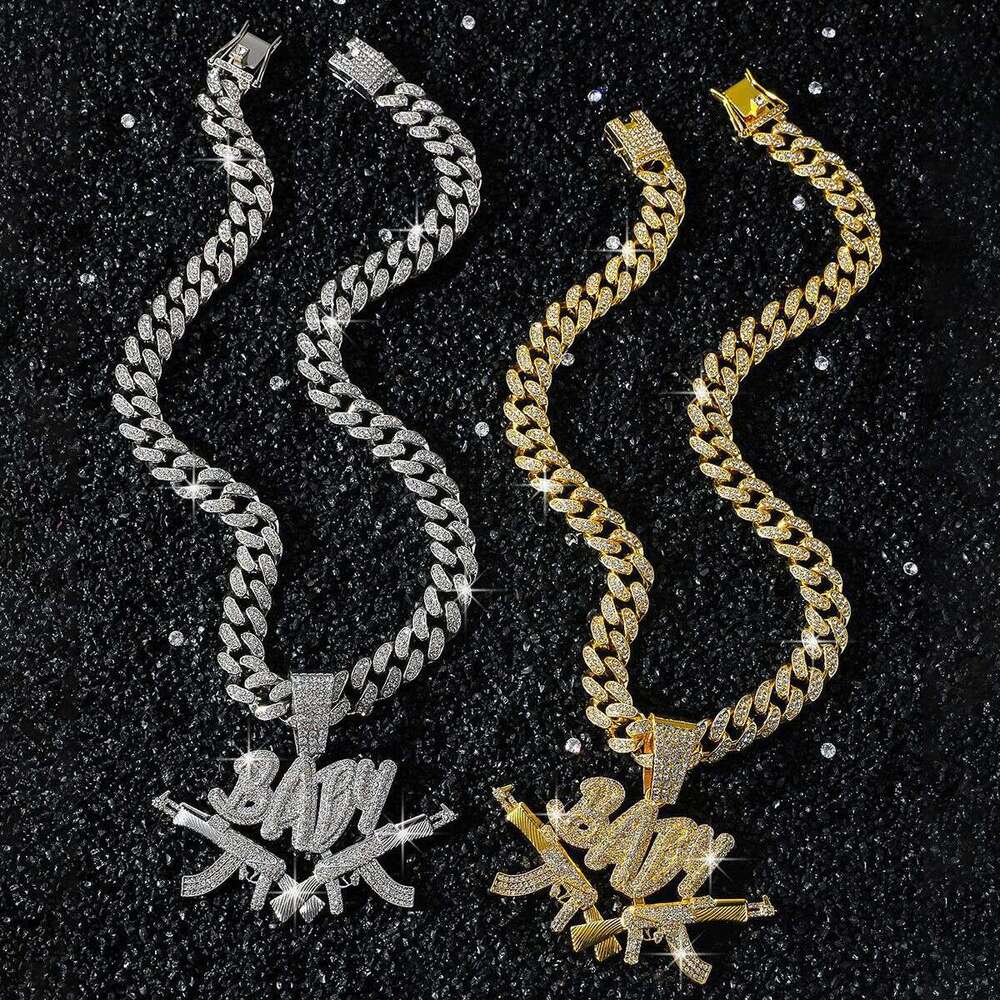 Full Dia Double Gun Letter Pendant Fashion Creative Hip Hop Personality Alloy Cuban Chain Jewelry Necklace Direct