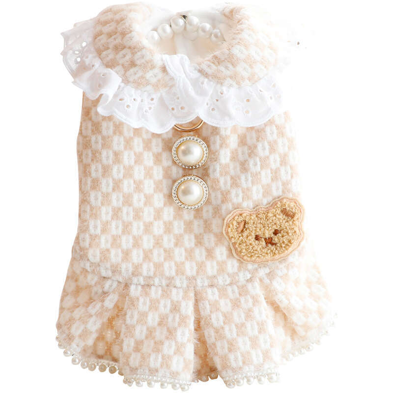 Clothes Autumn Winter Thick Cat Princess Cotton Dress Chanel Style Pearl Small Dog Teddy Pet 5453