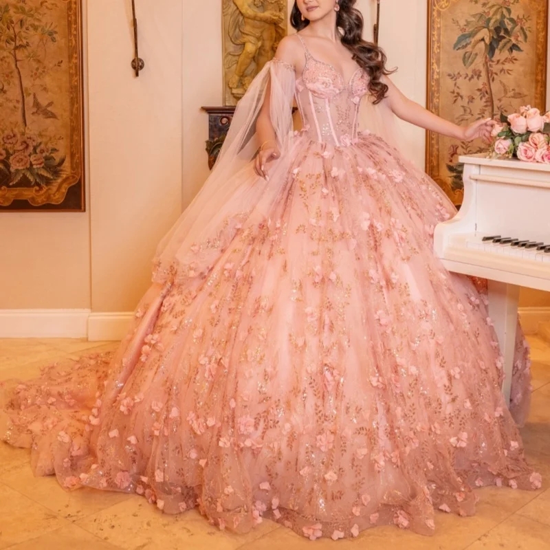 Pink Shiny Princess Ball Gown Quinceanera Dresses Spaghetti Strap Sequin Appliques Flower Beads Tull Sweet 16 Dress vestidos 15 Anos