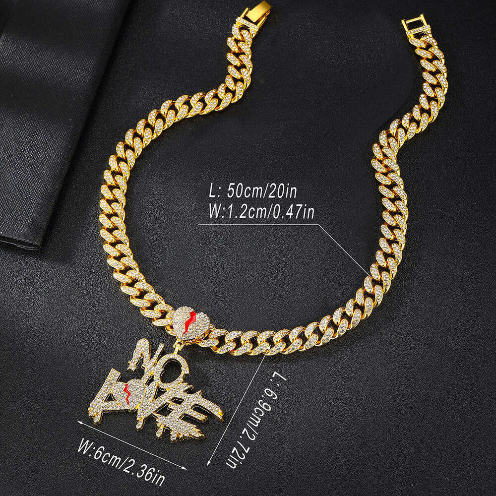 Inlaid Dia Nolove Letter Pendant Hip-Hop Fashion Creative Personality Heartbreak Shape Cuban Necklace