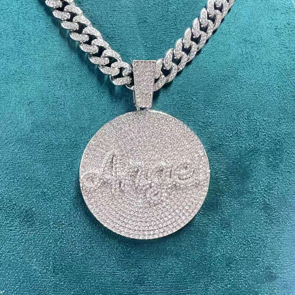 Full English Letter Round Pendant Hip Hop Exaggerated Personality Creative Inlaid Dia Cuban Chain Necklace