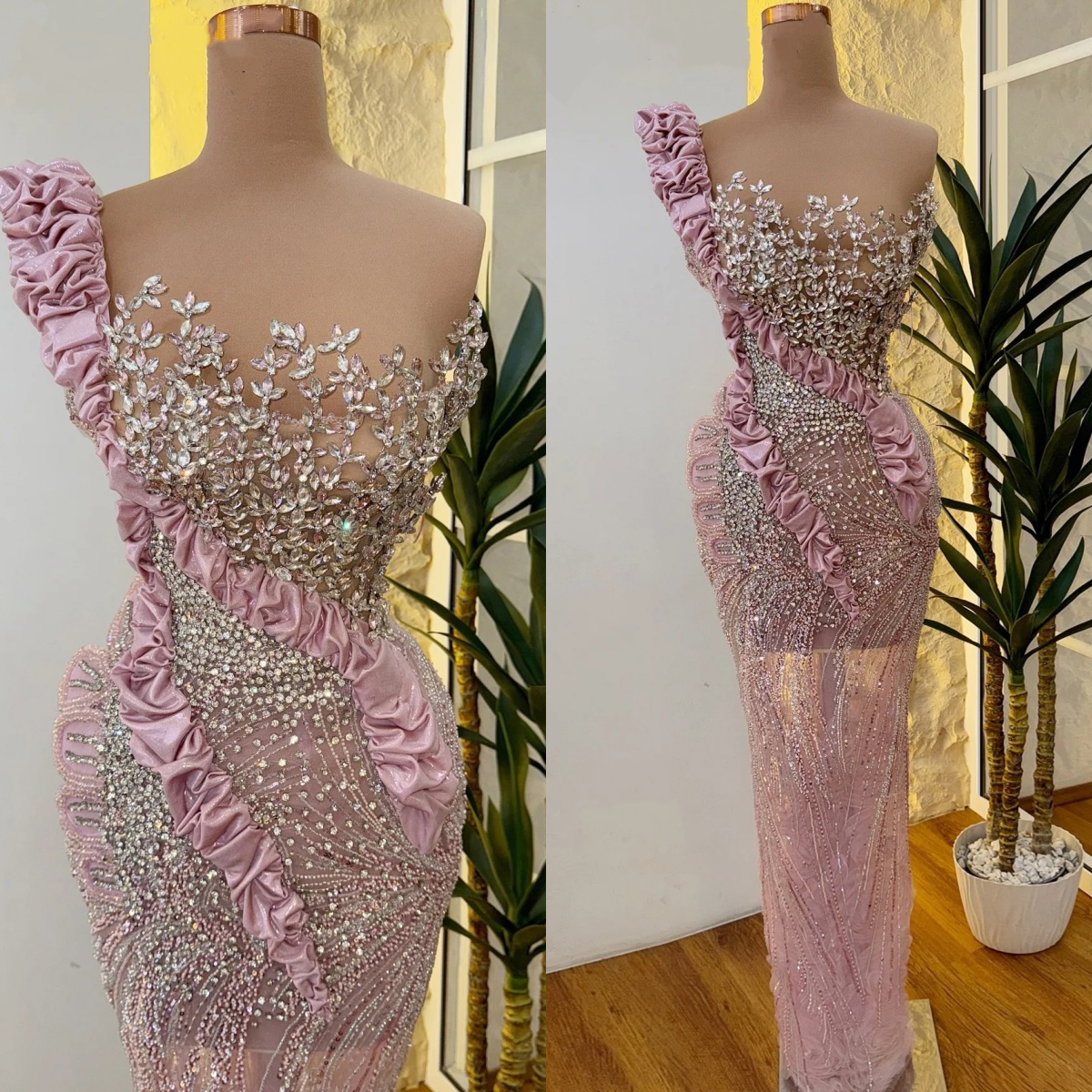 Luxury Evening Dresses Crystal Beading Prom Dress One Shoulder Rhinestone See Through Mermaid Sleeveless Party Gowns Sweep Train Vestidos De Noche Plu