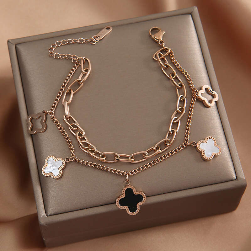 Fashion Double Layer Four-Leaf Titanium Steel Bracelet Light Internet Celebrity Hand Jewelry Versatile Lucky Clover Elegant Minimalist Style Non-Fadin