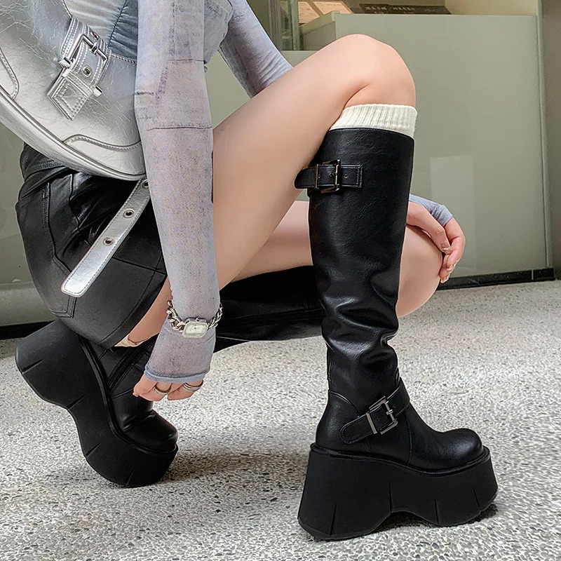 Womens Shoes Basic Womens Boots Classics Knee-High Boots Women Belt Buckle Side Zip Round Toe Wedge Platform Shoes Ladies 250729
