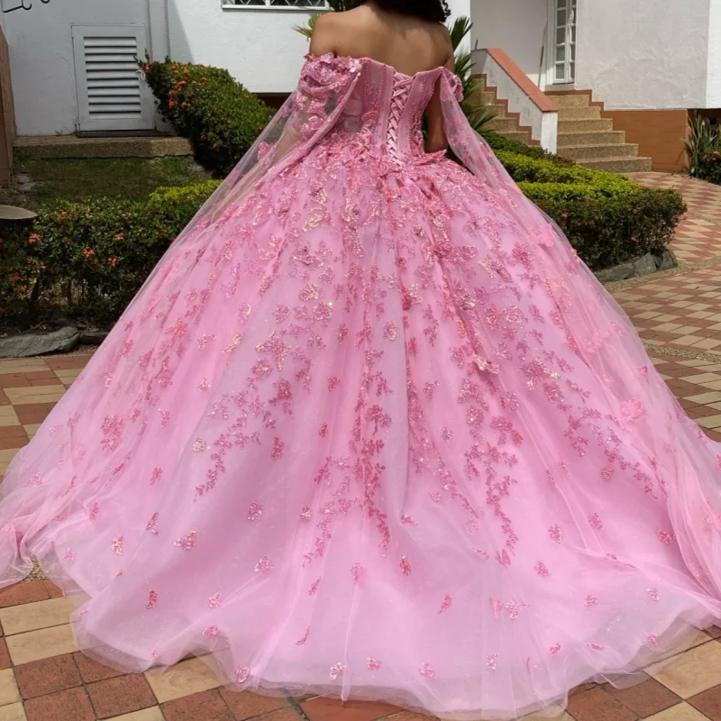 Pink Shiny Quinceanera Dresses Off The Shoulder Sequin Applique Bow Beads Tulle With Cape Vestidos De 15 Anos Sweet 15 Dress