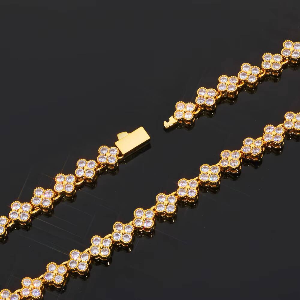 NUOYA Women Diamond Chain Gold Plated Four Leaf Clover Plum Blossom Chain Shiny Hip Hop Jewelry Zircon Link Necklace