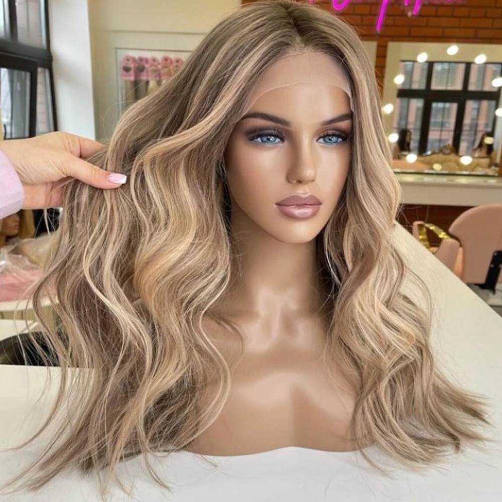 13x4 Highlight Brown Ash Blonde Colored Wigs Body Wave Lace Front Wig for Women Synthetic Brazilian Human Hair HD Preplucked Hairline