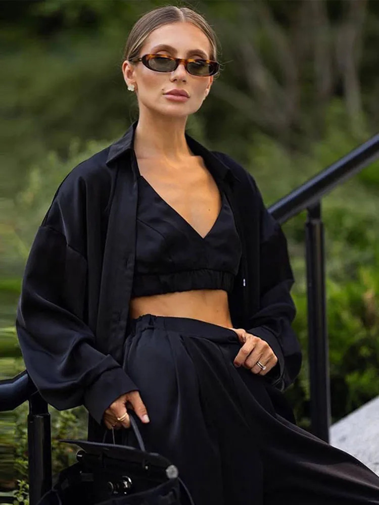 Sexy Loose Silk 3 Piece Sets Women Outfit Fashion Long Sleeve Shirts Bra With High Waist Wide Pants Set Lady 250730