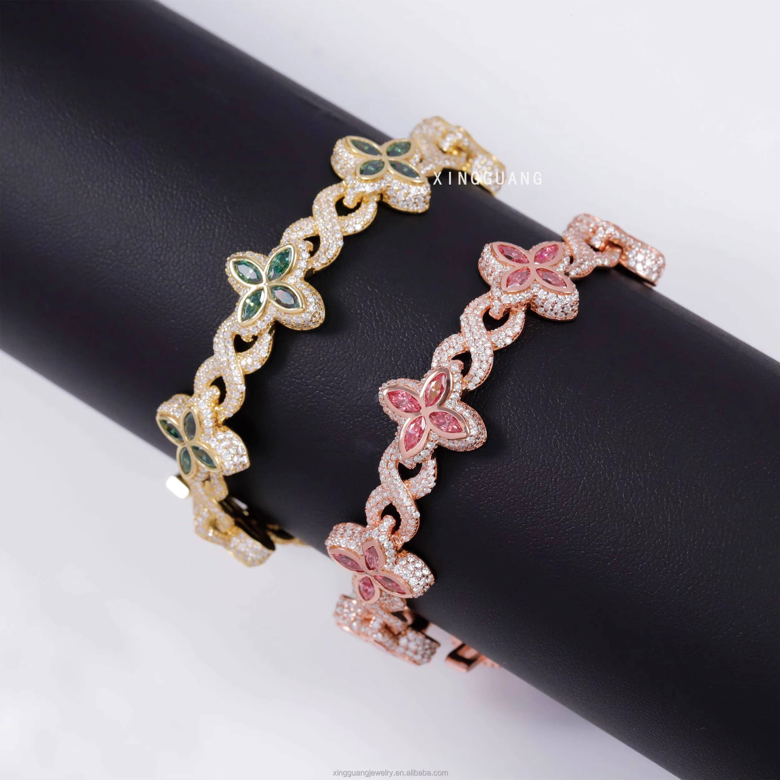 12mm Lucky Clover Bracelet Gold Plated 925 Silver Hip Hop Iced Out VVS Pink Green Blue Diamond Moissanite Bracelet for Gift