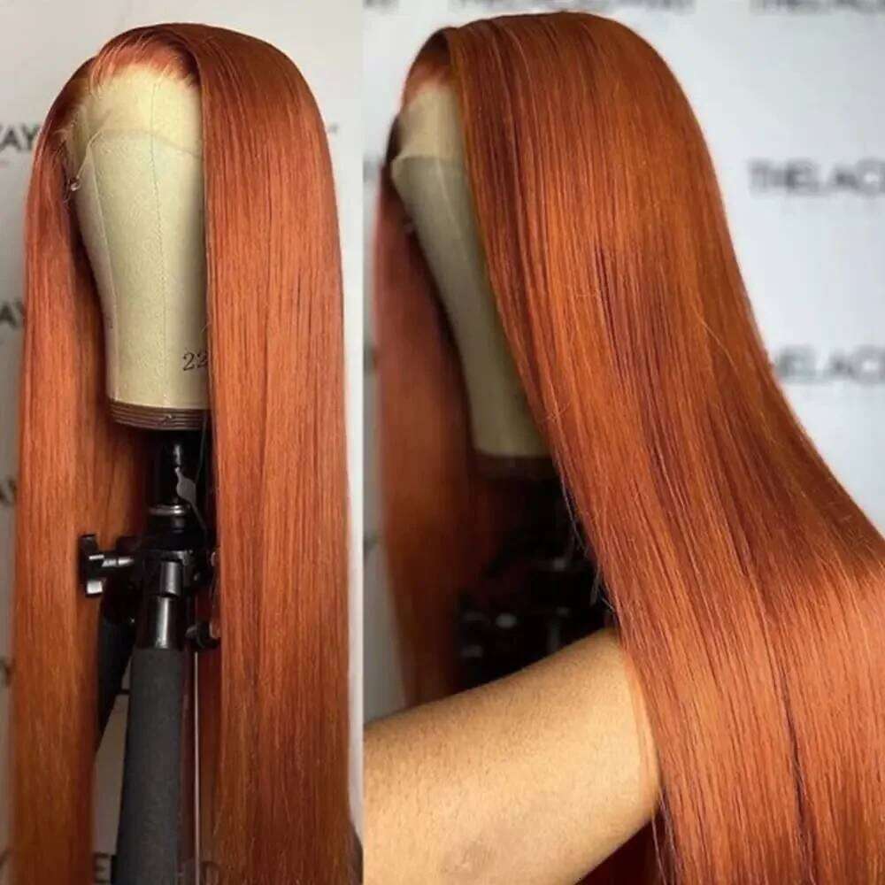 Ginger Orange Color Long Straight 13*4 Copper Red Human Hair Glueless Pre Plucked Synthetic Lace Front Wigs