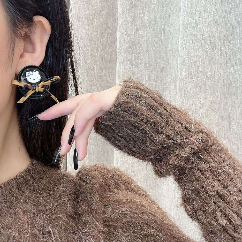 Autumn Winter New Round Cat Leopard Print Bow Fashion Sweet Cute Korean Style High-end Earrings for Women 281