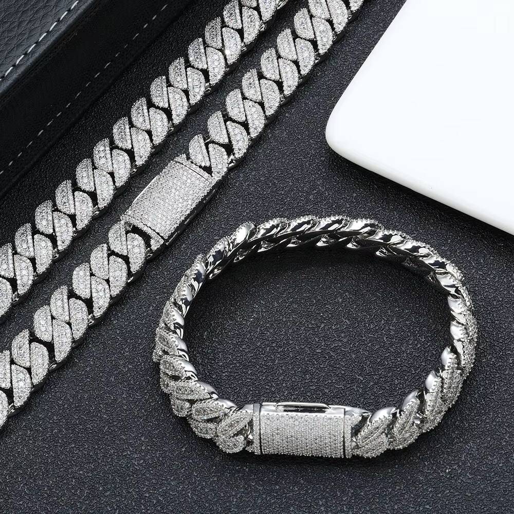 NUOYA 14MM Miami Cuban Link Chain Necklace Custom Iced Out Diamond Silver Plated Luxury Hip Hop Jewelry