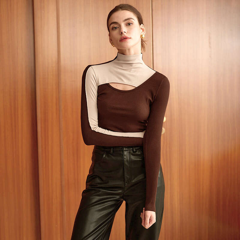Ytp641 Women's Autumn Winter Color-Block Half Turtleneck Hollow Out Stylish Waist-Cinching Base Shirt T-Shirt B5