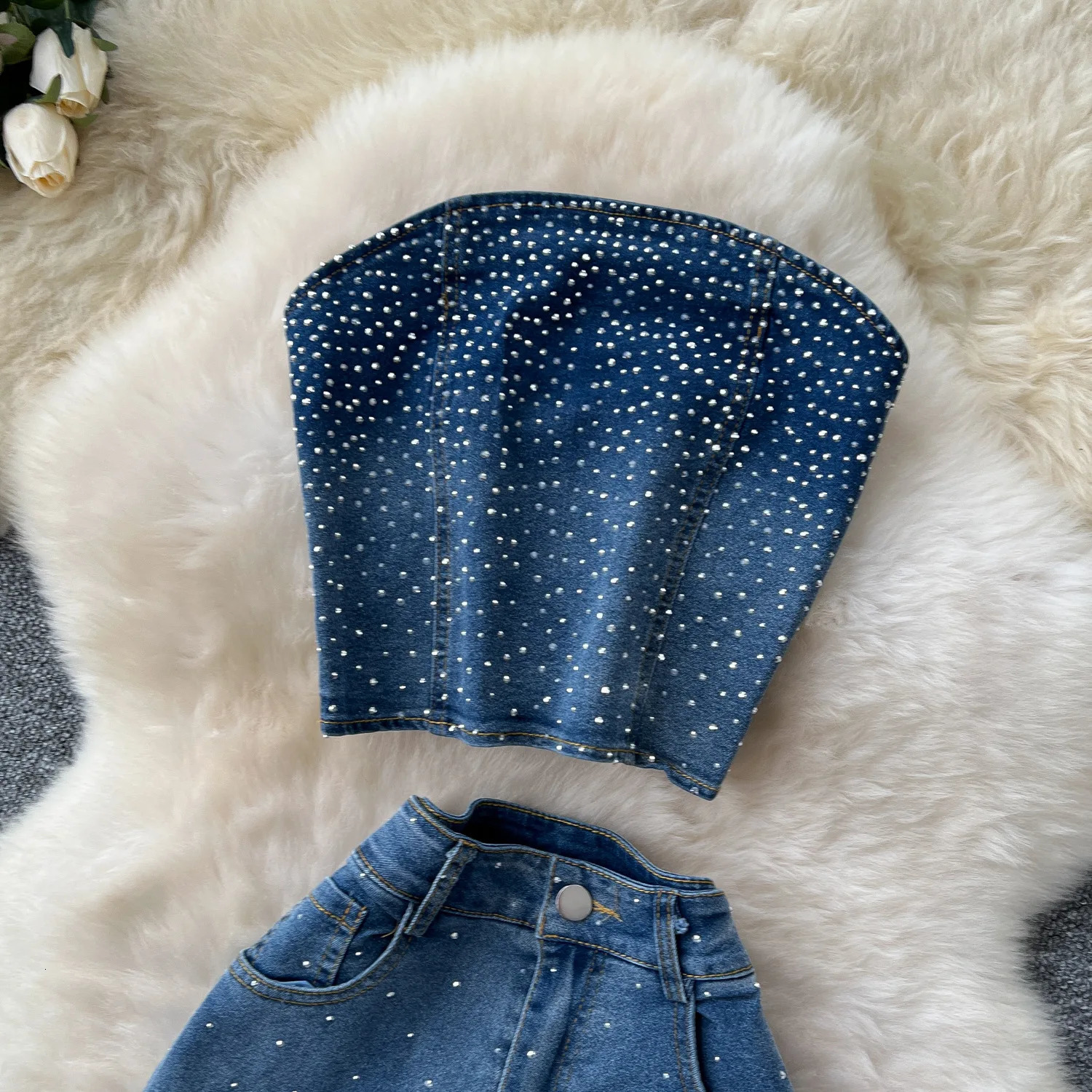 Denim Pant Set Women Two Piece Sets Sexy Matching Sleeveless Short Tops Long Flare Pants High Waist Slim Diamond 250730