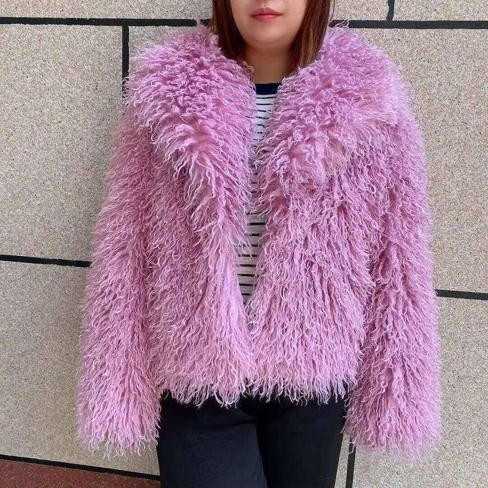 LHXDW Women's fake Mongolian fur coat with big collar, autumn and winter fashionable faux fur coat, beach wool jacket