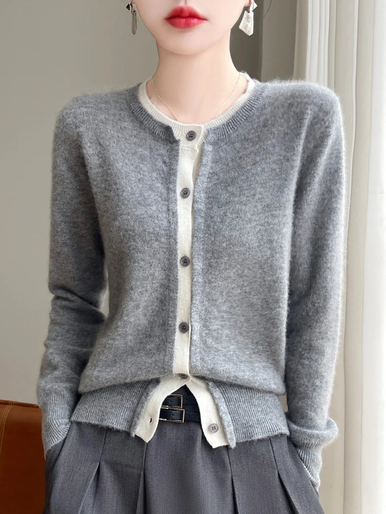 Women Wool Sweater Oneck Long Sleeve Cardigan Autumn Winter 100% Merino Knitwear Cashmere Coat Korean Clothing 250730