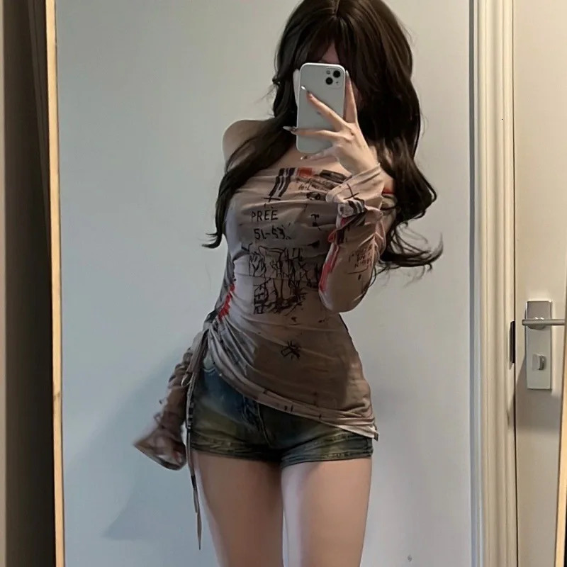 Long Sleeve Tshirt Spicy Girl Style One Shoulder Womens Thin Mesh Screen Graffiti Print Irregular Drawstring Top 250729