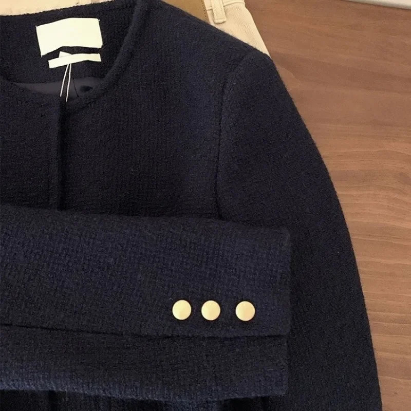 New Vintage Style Purplish Blue Tweed Jacket Round Neck French Elegance Commuting Spring Autumn Trendy Fashion Outerwear