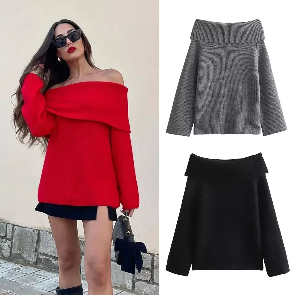 Womens Fashion Solid Off Shoulder Sweaters Casual Long Sleeve Folded Slim Fit Pullover Autumn Female Sexy Knitted Tops 250723
