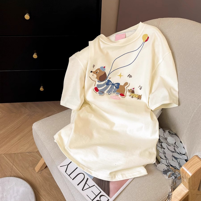 2025 American High Street Towel Embroidered Dog Cotton Short Sleeve T-shirt Summer New Loose Niche Short Sleeve Top New Designer T-shirt