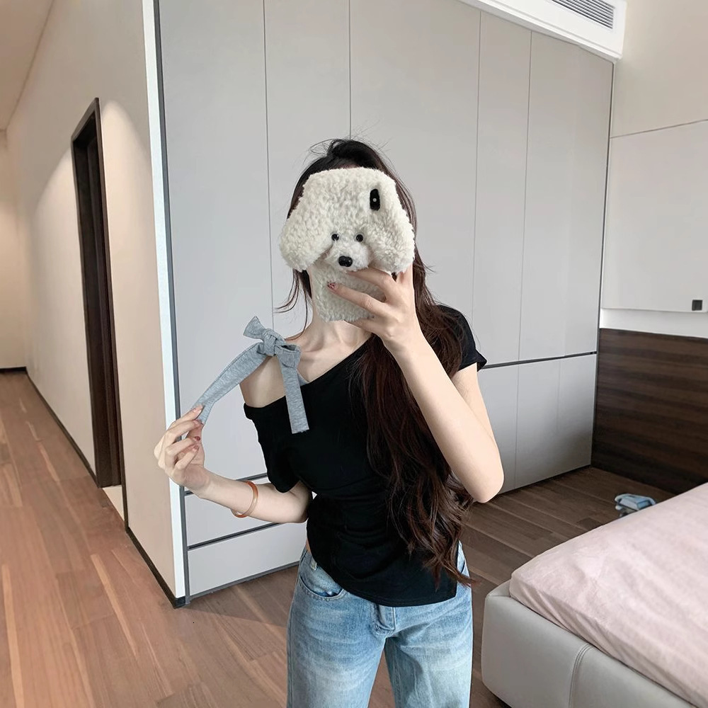 2025 pure desire style asymmetrical collar off shoulder short sleeved women's T-shirt summer new sweet girl slim irregular basic shirt top new de