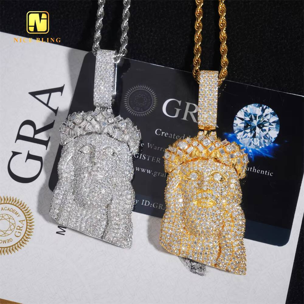 Top Quality Custom Iced Out Hip Hop Men Jewelry Pendant Baguette Ronud Cut VVS Moissanite Full Diamond 925 Silver Jesus Pendant