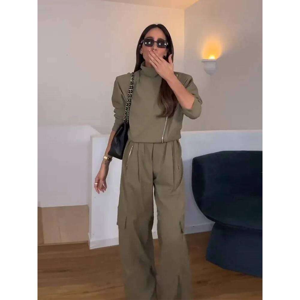 Women Tracksuit Pant Stand Collar Long Sleeve Jacket Loose Waist Pockets Wide Leg Pants Two Piece Set Lady Sport Suit