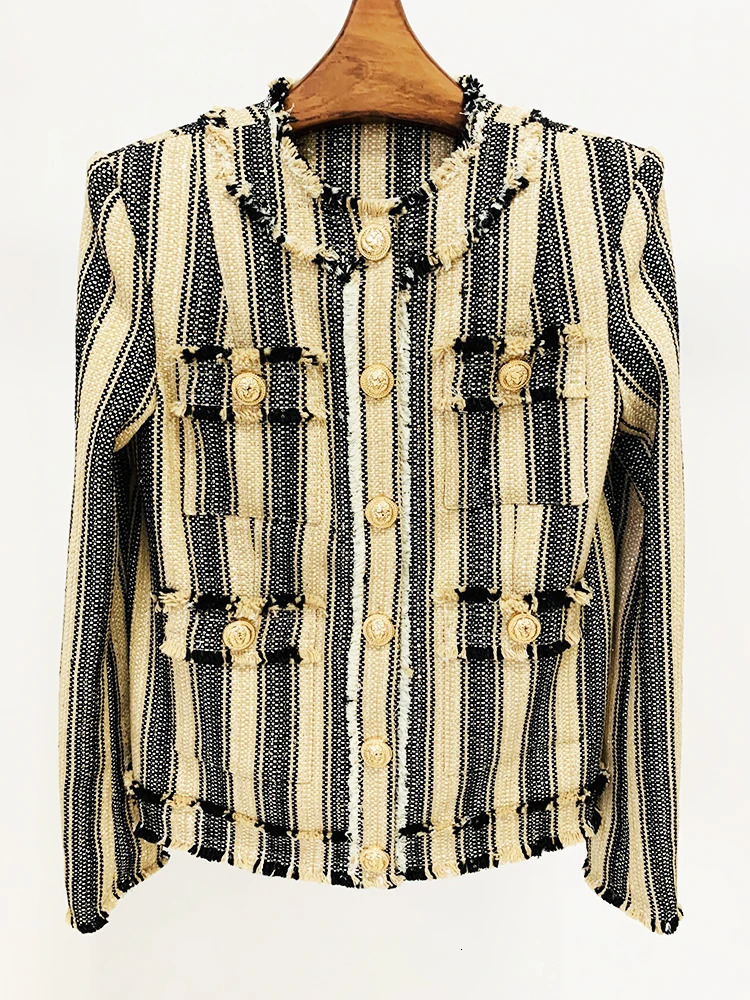 HIGH STREET est AW ner Outerwear Womens Elegant Yellow Black Striped Tassel Fringed Tweed Jacket 250729