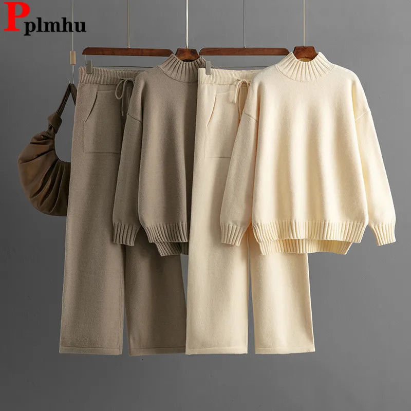 Winter Thick Knitted 2 Piece Sets Women Half Turtleneck Knitwears Sweater Pullover Tops Conjuntos High Waist Sweatpants Outfit 250730