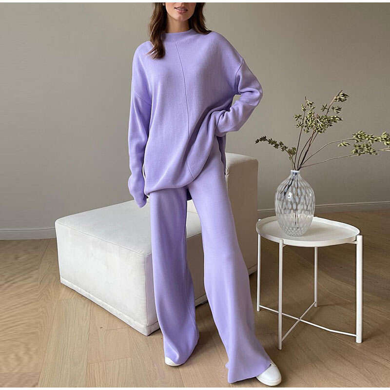 New Solid Color Knitted Pullover Turtleneck Sweater Set Loose Top + Pants For Women B5