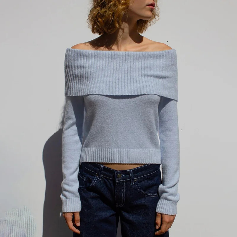 1990s Fairycore Sweater Women Aesthetic Clothes Folding Off Shoulder Long Sleeve Knitted Crop Tops 2000s Clothing Streetwear 250723