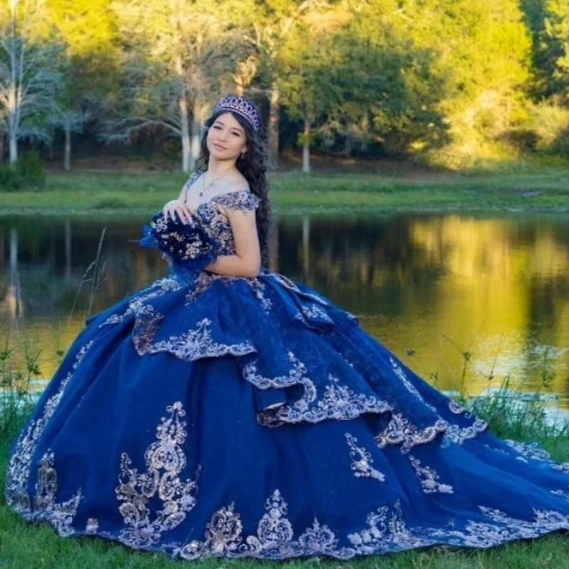 Royal Blue Shiny Off the Shoulder Quinceanera Dresses Ball Gown Applique Lace Beads Tull Princess Sweet 16 Dress Vestidos De 15 Anos