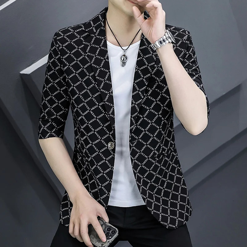 2025 Mens Summer Casual Slim Business Wedding Fashion Trend Handsome half sleeve Blazer Print Small Suit 250724