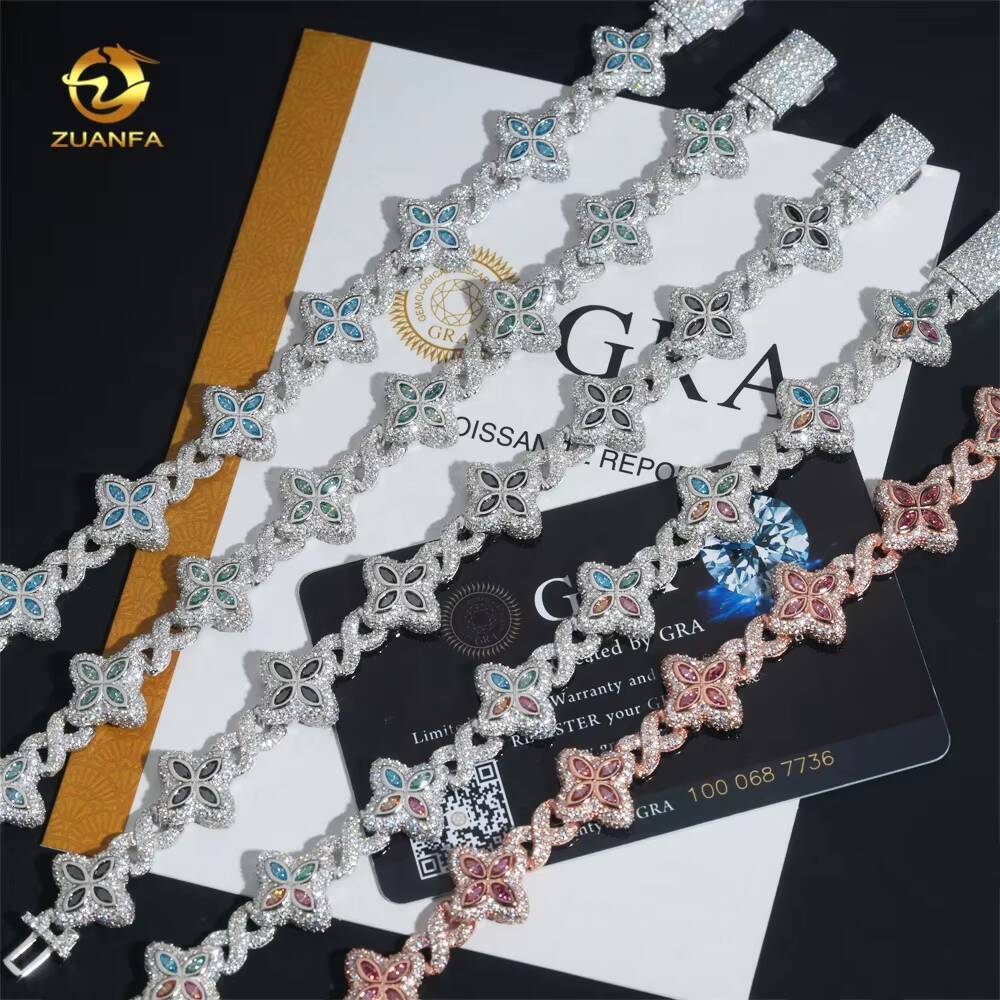 Hot Selling Colorful Hip Hop Iced Out Jewelry 15mm 925 Silver Clover Cuban Moissanite Infinity Link Bracelet for Men