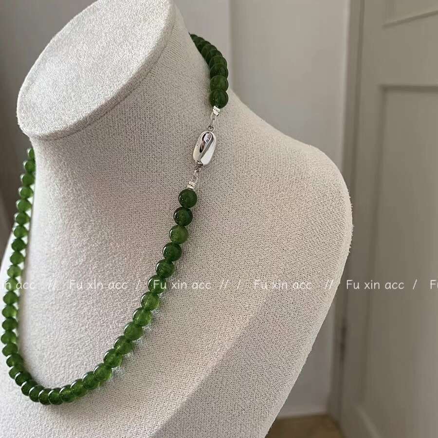 Natural Green Chalcedony Jade Beaded Necklace Design Sense New Chinese Style Collarbone Light Ultra Smooth Neck Chain Versatile b70
