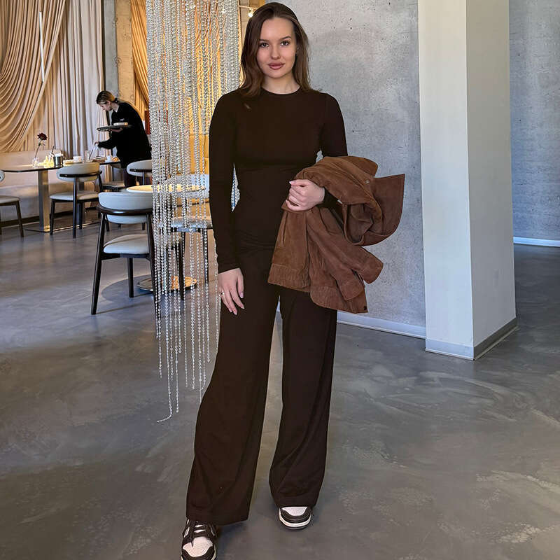 Yst593 Women's Autumn New Solid Color Basic Long Sleeve Top And Wide Leg Pants Set B5