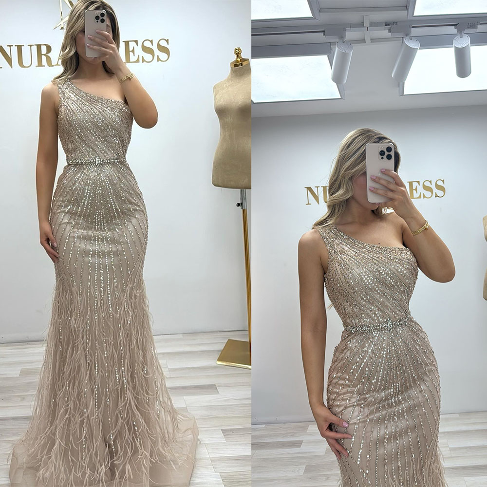 Elegant Evening Dresses One Shoulder Prom Dress Sequins Rhinestone Detachable Train Feather Sleeveless Mermaid Party Gowns Vestidos De Noche Plus Size