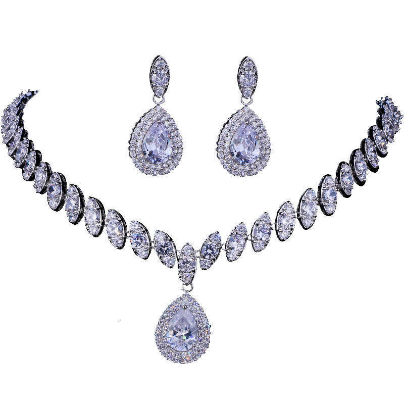 Hot-selling Multi-color Zircon Earrings Necklace High-grade Temperament Design Sense Water Drop Shape Evening Party Jewelry Set
