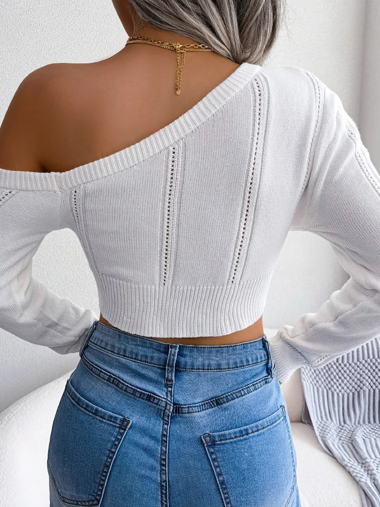 Sexy Knitted One Shoulder Crop Top Women Fashion Long Sleeve Tops Casual Hollow White Thin Sweater Autumn Winter Pullover 250723